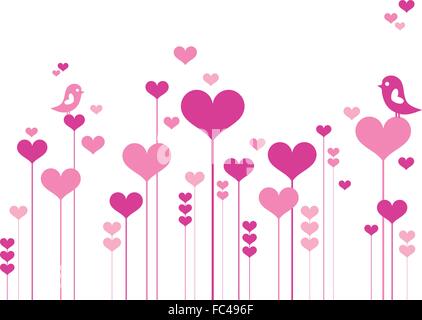 pink heart flowers with love birds, vector illustration Stock Vector