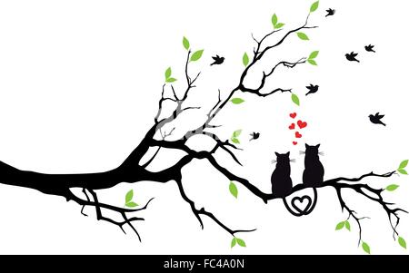 cats sitting on tree branch watching the sunset, vector 