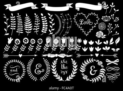 white vintage floral laurel wreath set on chalkboard, vector design elements Stock Vector