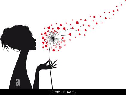 woman holding dandelion with flying red hearts, vector illustration Stock Vector
