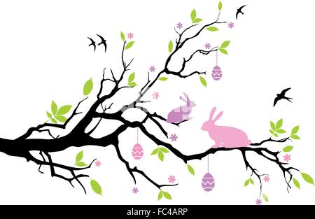 Happy easter with bunnies and eggs on tree, vector illustration Stock Vector