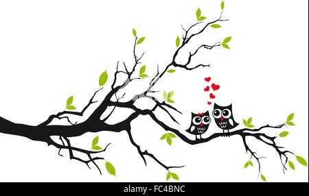 Cute owls in love sitting on green tree, vector illustration Stock Vector