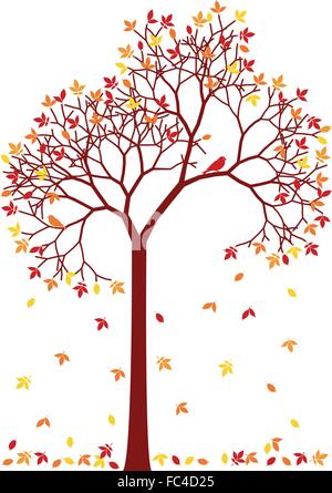 Autumn tree with falling leaves, vector illustration Stock Vector