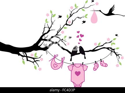 cute baby shower design with birds on tree, vector background Stock Vector