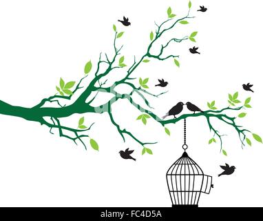 birds on tree with open birdcage Stock Vector