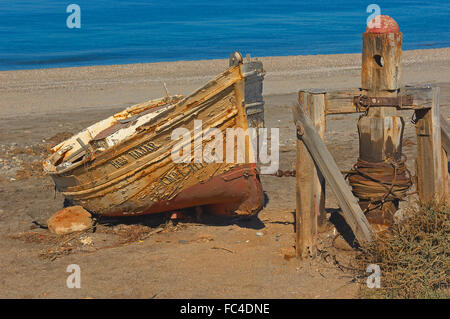 Almadrava de Monteleva, Fishing boat, Beach, Cabo de Gata-Nijar Natural Park, Almeria, Spain, Europe. Stock Photo