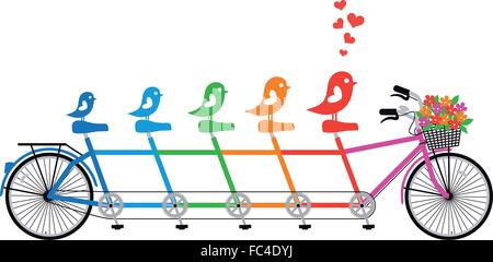 tandem bicycle with bird family, hearts and flower basket, vector Stock Vector