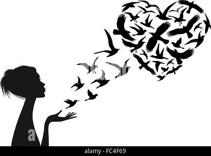 Heart shaped  flying birds with woman silhouette, vector illustration Stock Vector