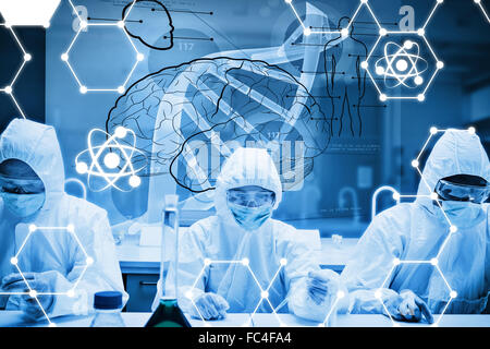 Composite image of chemists working in protective suit with futuristic interface showing dna Stock Photo