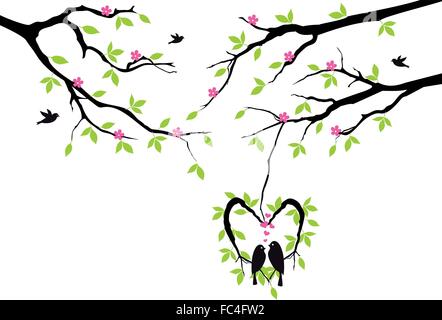 birds sitting on tree in heart shaped nest, vector background Stock Vector