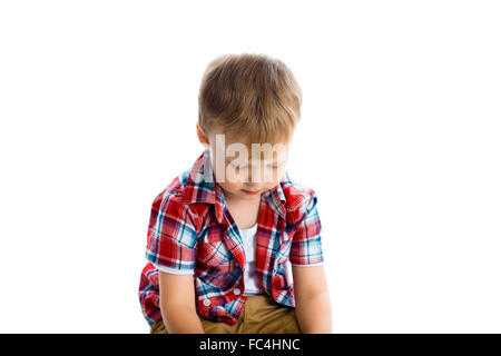 little boy in a plaid shirt over a white Stock Photo