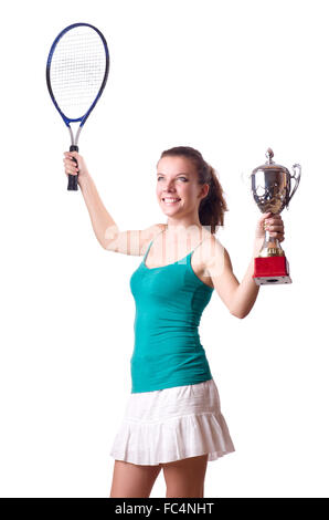 Pretty tennis player with cup isolated on white Stock Photo