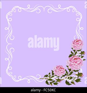 Vintage frame with curl decoration and pink peonies. Stock Vector