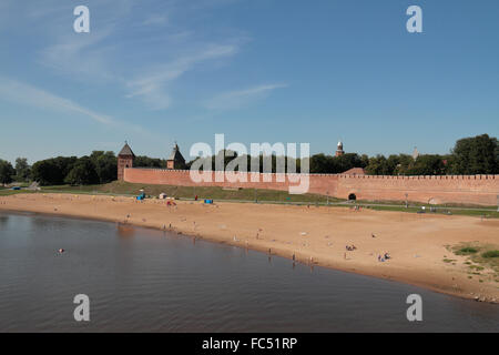 The city beach on the Volkhov River with the walls of the Kremlin behind in Veliky Novgorod, Novgorod Oblast, Russia. Stock Photo