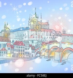 Charles Bridge in Prague at night, Czechia Stock Vector