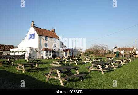 The Globe pub in Frampton Cotterell in South Gloucestershire, England, with empty garden on a bright & cold winters day.Jan 16 Stock Photo