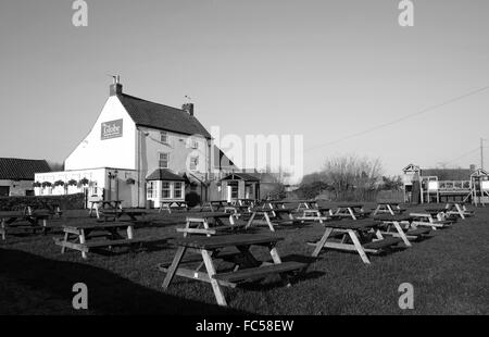 The Globe pub in Frampton Cotterell in South Gloucestershire, England, with empty garden on a bright & cold winters day.Jan 16 Stock Photo