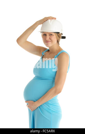 frustrated pregnant woman in helmet Stock Photo