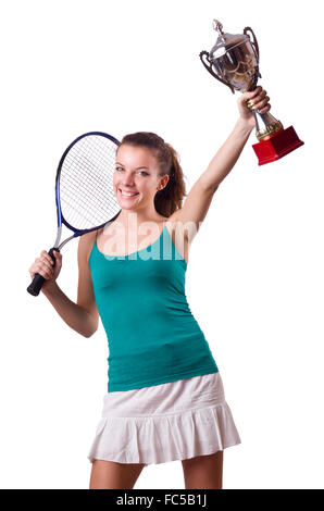 Pretty tennis player with cup isolated on white Stock Photo