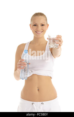 happy woman offers a glass of water Stock Photo