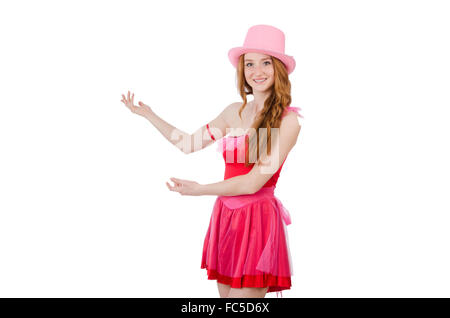 Pretty young wizard in mini pink dress isolated on white Stock Photo