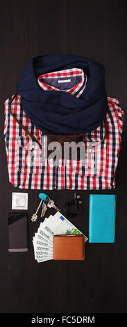 Winter hipster things neatly arranged on a wooden surface Stock Photo