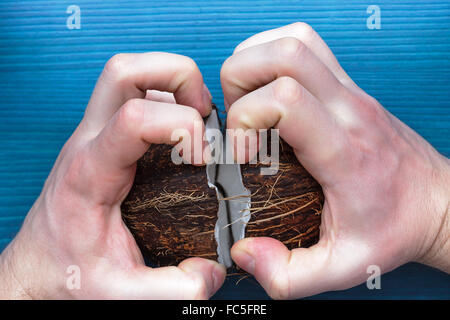 angry man breaks a coconut walnut into two halves Stock Photo