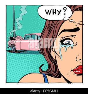 woman cries crash broke the car Stock Photo