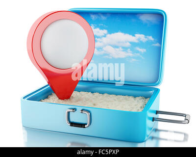 3d Map pointer in a travel suitcase. Stock Photo