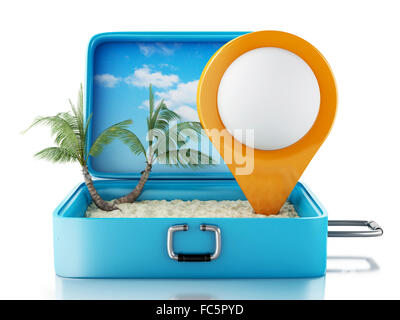 3d Map pointer in a travel suitcase. Stock Photo