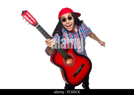 Man with dreadlocks holding guitar isolated on white Stock Photo