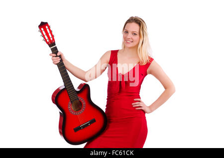 Pretty girl holding guitar isolated on white Stock Photo