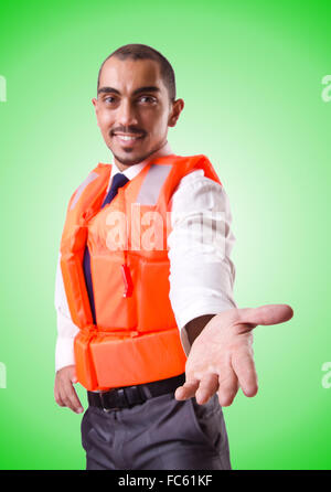 Man in life jacket isolated on white Stock Photo