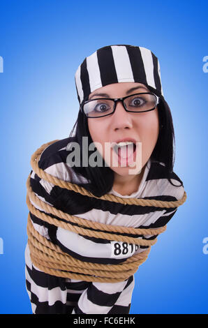 Prisoner in striped uniform on white Stock Photo