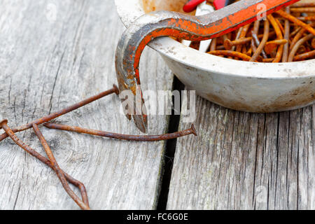 rusty nails and nail puller close-up Stock Photo