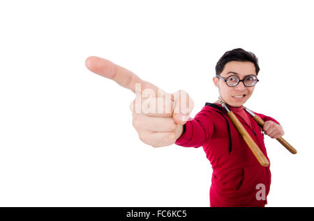 Funny sportsman with nunchuks isolated on white Stock Photo