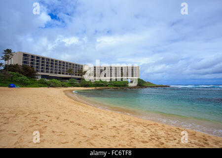 Famous Turtle Bay Hotel and Resort on the North Shore of Oahu Hawaii with nobody there early in the morning. Stock Photo