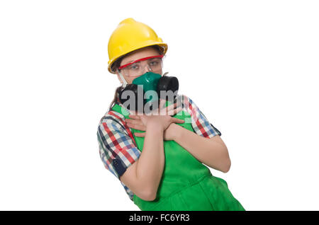 Female worker wearing coverall and gas mask isolated on white Stock Photo