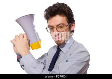 Young employee with loudspeaker isolated on white Stock Photo