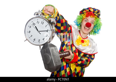 Clown with clock and hammer isolated on white Stock Photo