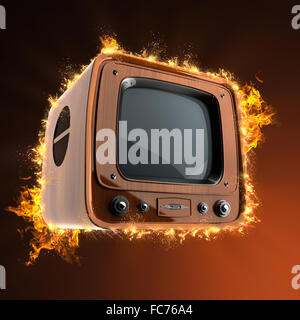 Retro tv with wooden case in fire Stock Photo