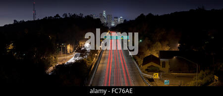 Aerial view of traffic on highway in Los Angeles cityscape, California, United States Stock Photo