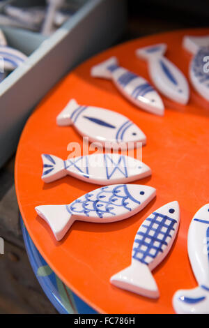 Blue and white ceramic fish at Colette Ripley's ceramic workshop and boutique located in the Panier neighborhood of Marseille. Stock Photo