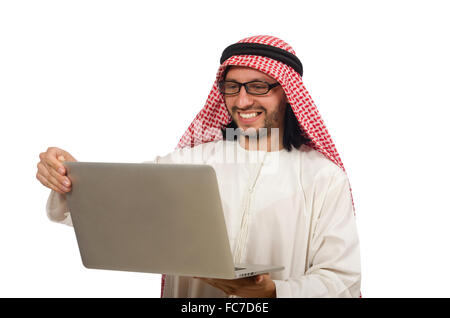 Arab man with laptop isolated on white Stock Photo