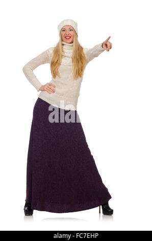 Pretty girl in violet long dress isolated on white Stock Photo