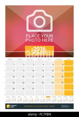 August 2016. Wall Monthly Calendar for 2016 Year. Vector Design Print Template with Place for Photo and Year Calendar. Week Star Stock Vector