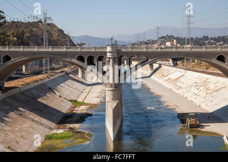 Bridge over urban aqueduct of Los Angeles River, Los Angeles, California, United States Stock Photo