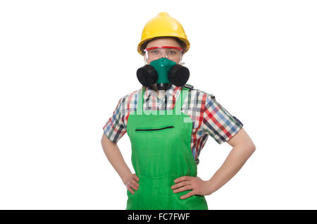 Female worker wearing coverall and gas mask isolated on white Stock Photo