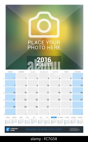 August 2016. Wall Monthly Calendar for 2016 Year. Vector Design Print Template with Place for Photo and Year Calendar. Week Star Stock Vector