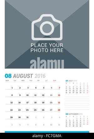 August 2016. Wall Monthly Calendar for 2016 Year. Vector Design Print Template with Place for Photo and Place for Notes. 3 Month Stock Vector